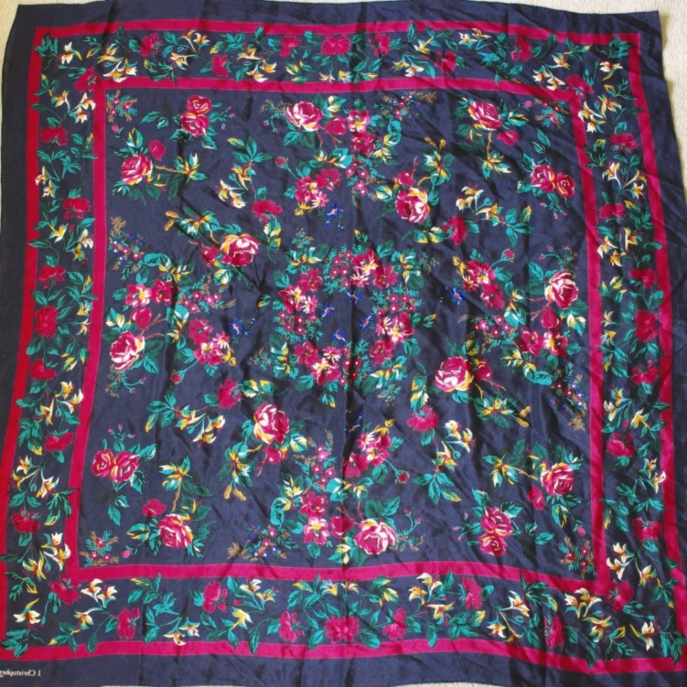 Vintage | Silk Floral Print Square Scarf Blue Teal Magenta